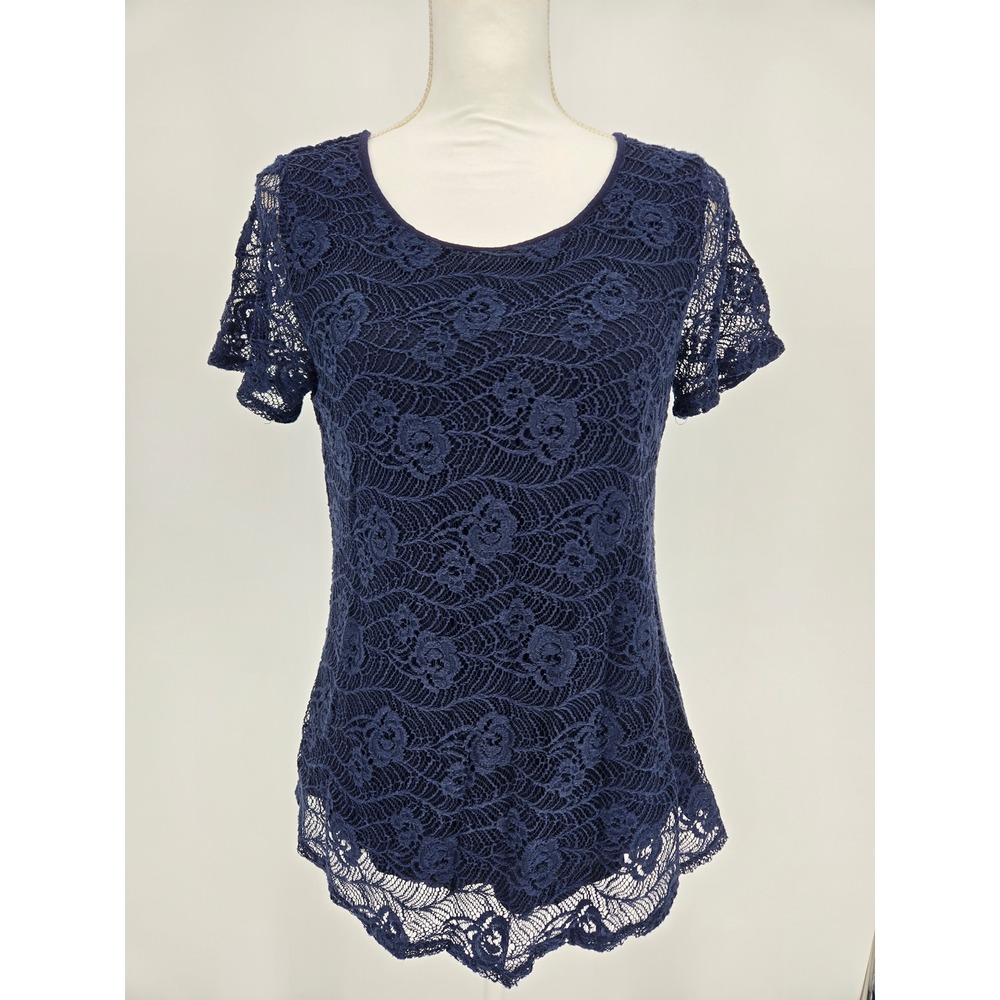 Lea & Nicole Navy Blue Floral Lace Short Sleeve Scoop Neck Top Lined Size M